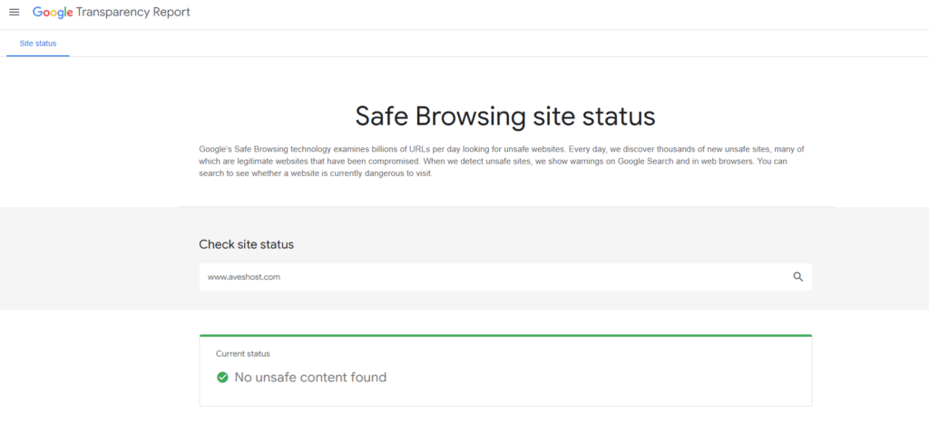 Google Transparency Report showing that the current status is "No unsafe content found"